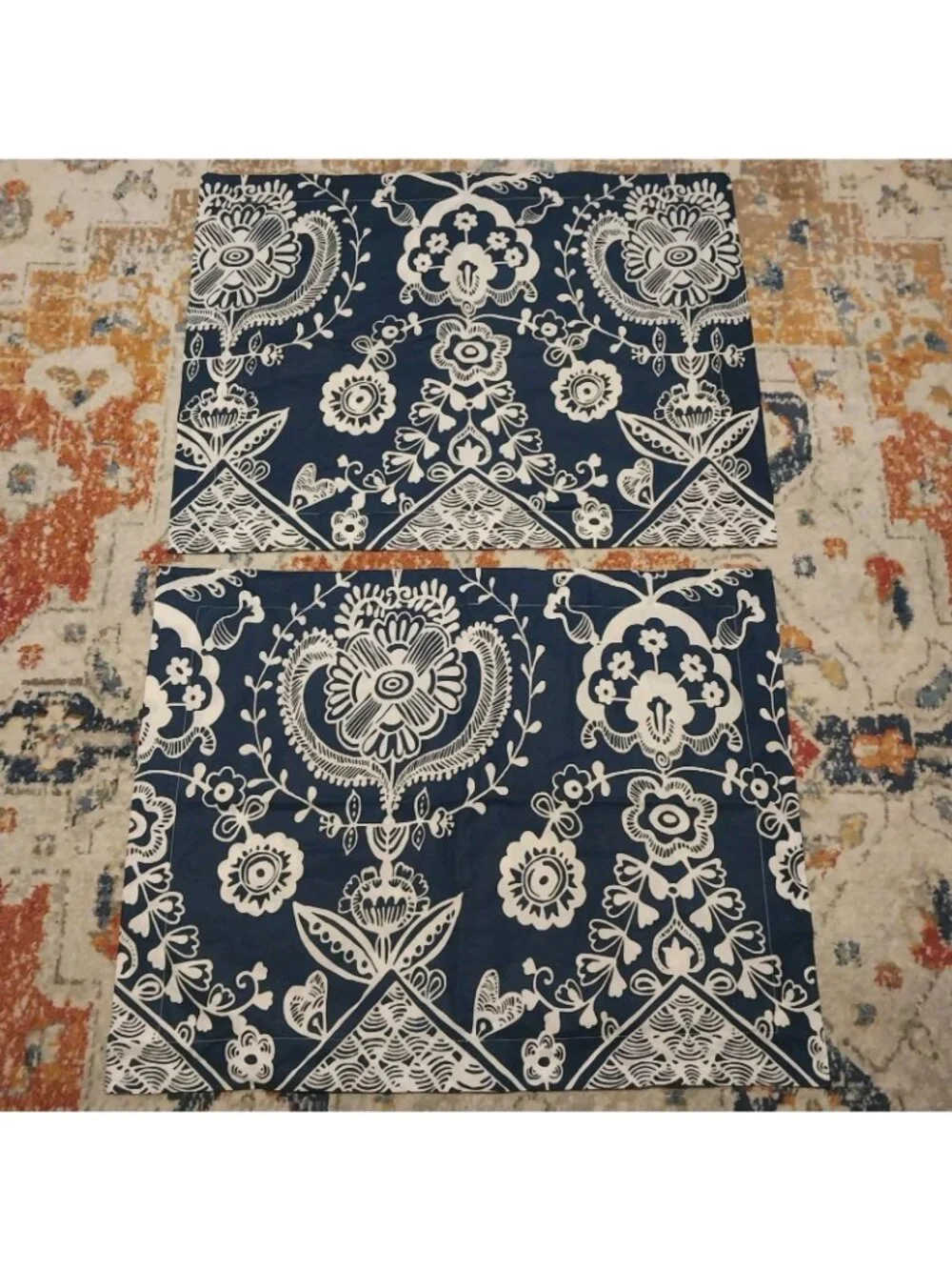 2 POTTERY BARN Pillow Shams Teen PB Dorm Navy Blue Ikat Medallion